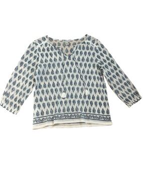 Tommy Bahama 100 % Cotton White & Blue Printed Peasant Top with Tassel Tie Sz M